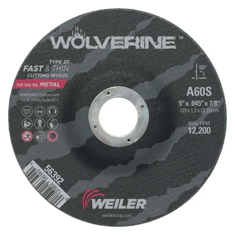 Wolverine® Cutting Wheel, A60S, 5 in dia, 0.045 in Thick, 7/8 in AH, 60 Grit, Type 27