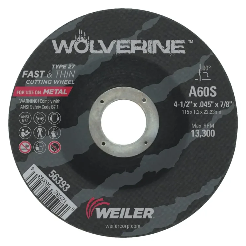 Wolverine® Cutting Wheel, WA60S, 4-1/2 in dia, 0.045 in Thick, 7/8 in AH, 60 Grit, Type 27