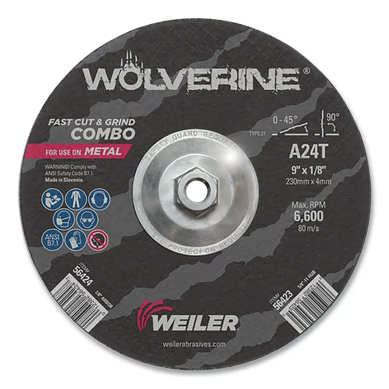 Wolverine Combo Wheels, 9 in Dia, 1/8 in Thick, 5/8 in Arbor, 24 Grit, T