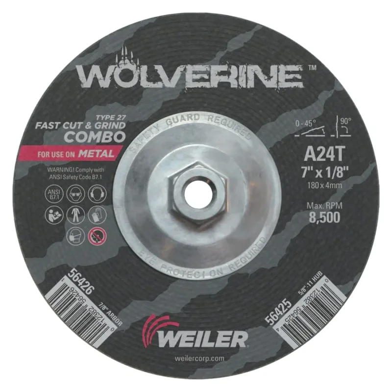 Wolverine Combo Wheels, 7 in Dia, 1/8 in Thick, 5/8 in Arbor, 24 Grit, T