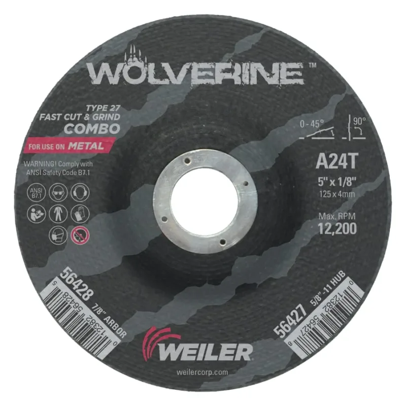 Wolverine® Combo Wheel, 5 in Dia, 1/8 in Thick, 7/8 in Arbor, 24 Grit, T
