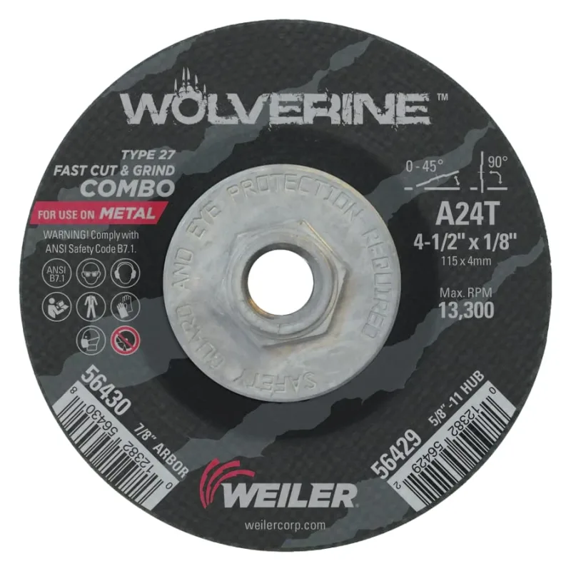Wolverine™ Combo Wheel, 4-1/2 in dia, 1/8 Thick, 5/8 in - 11 UNC Arbor, 24 Grit