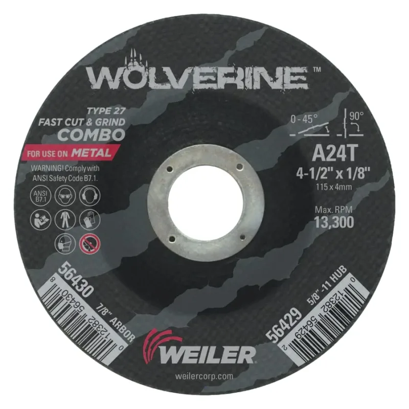 Wolverine® Combo Wheel, 4 1/2 in Dia, 1/8 in Thick, 7/8 in Arbor, 24 Grit, R