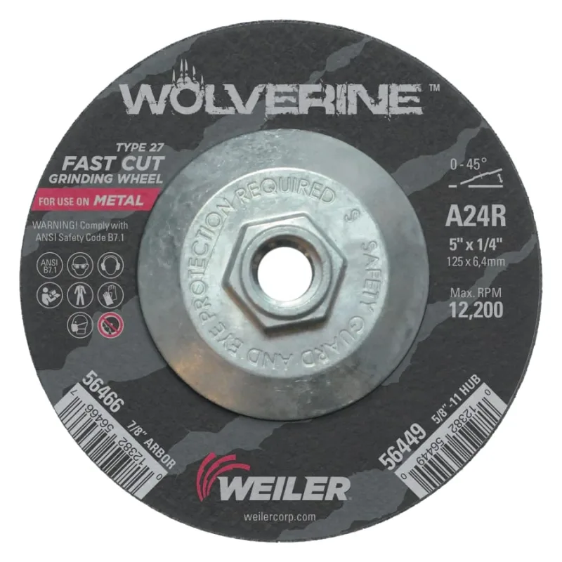 Wolverine® Grinding Wheel, 5 in dia x 5/8 in-11 UNC Arbor x 1/4 in Thick, AO, 24R