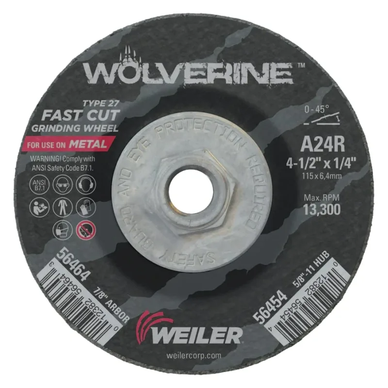 Wolverine® Grinding Wheel, 4-1/2 in dia x 5/8 in-11 UNC Arbor x 1/4 in Thick, AO, 24R