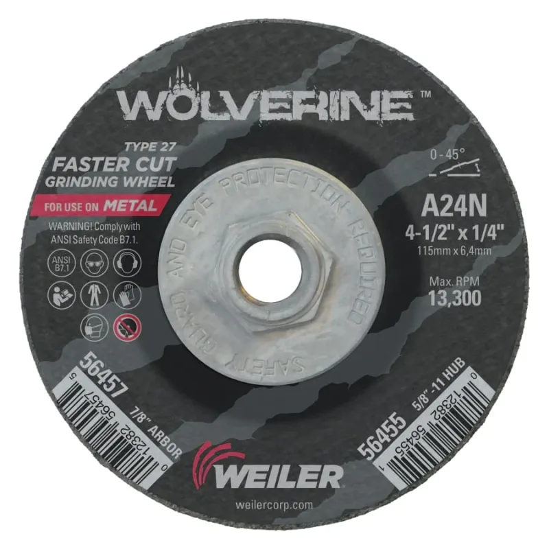 Wolverine® Grinding Wheel, 4-1/2 in dia x 5/8 in-11 UNC Arbor x 1/4 in Thick, AO, 24N
