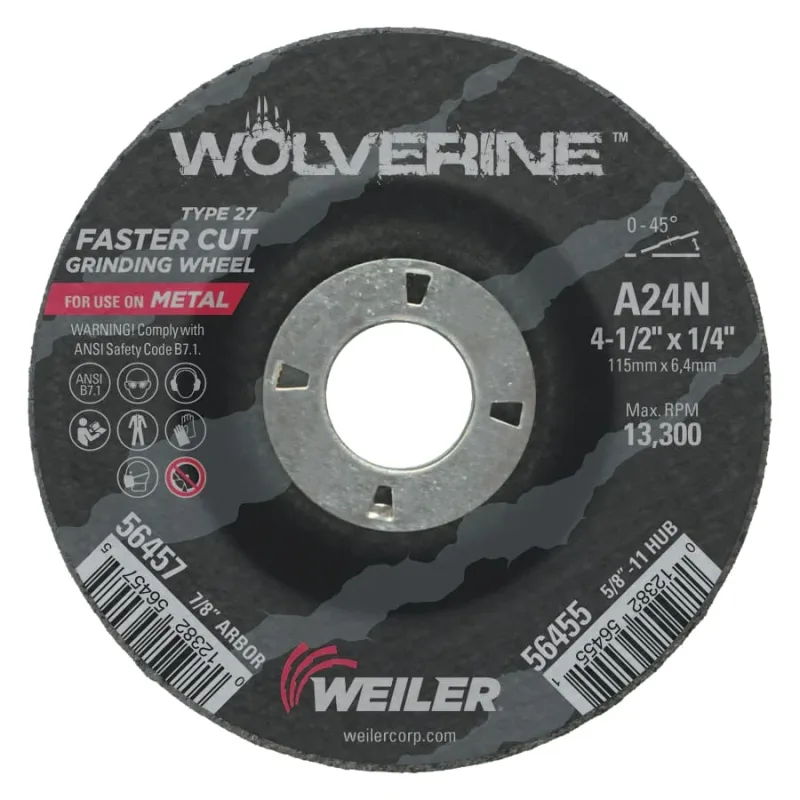 Wolverine® Grinding Wheel, 4-1/2 in dia x 7/8 in Arbor x 1/4 in Thick, AO, 24N