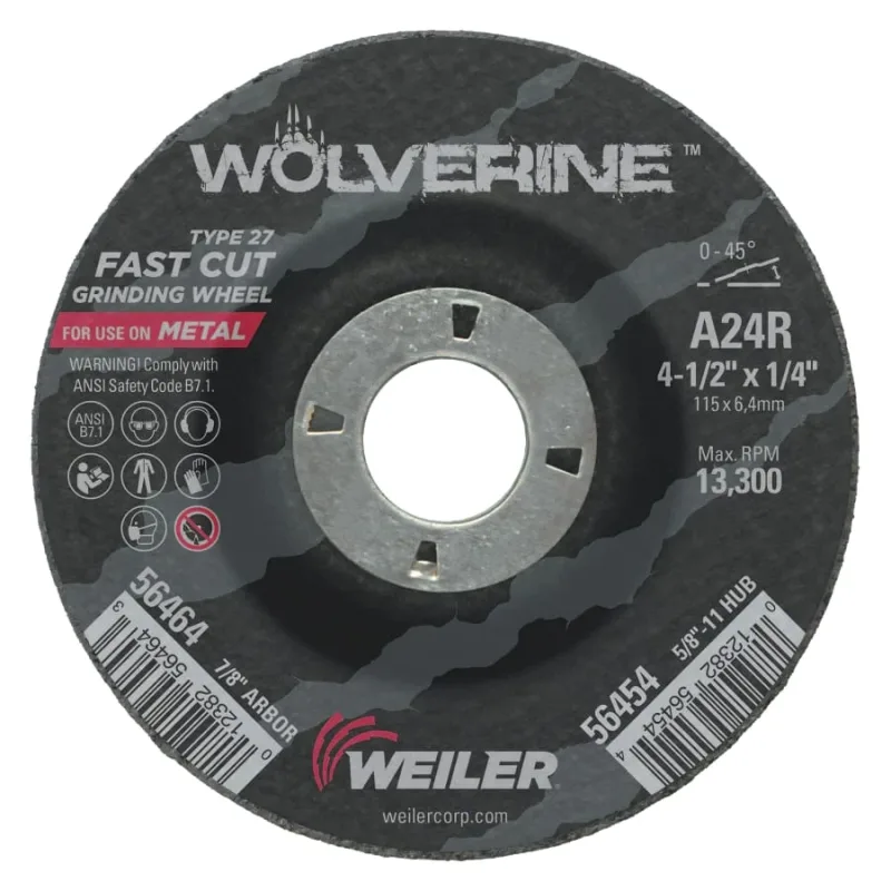 Wolverine® Grinding Wheel, 4-1/2 in dia x 7/8 in Arbor x 1/4 in Thick, AO, 24R
