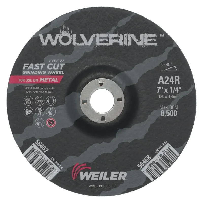 Wolverine® Grinding Wheel, 7 in dia x 7/8 in Arbor x 1/4 in Thick, AO, 24R