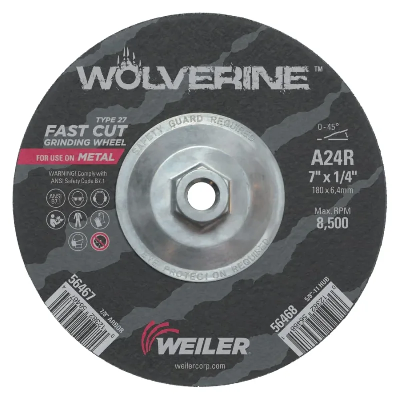 Wolverine® Grinding Wheel, 7 in dia x 5/8 in-11 UNC Arbor x 1/4 in Thick, AO, 24R