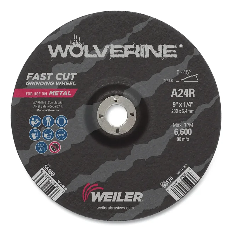 9 in x 1/4 in Wolverine Type 27 Grinding Wheel, A24R, 7/8 in Arbor Hole