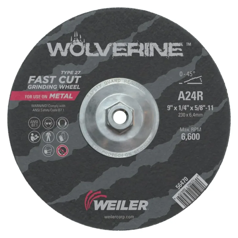 Wolverine® Grinding Wheel, 9 in dia x 5/8 in-11 UNC Arbor x 1/4 in Thick, AO, 24R
