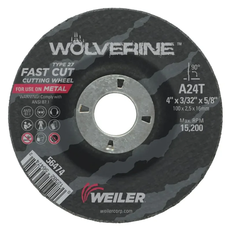 Wolverine® Angle Grinder Cutting Wheel, 4 in dia x 5/8 in Arbor x 3/32 in Thick, AO, 24T