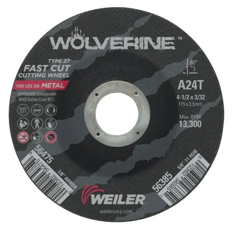 Wolverine® Angle Grinder Cutting Wheel, 4-1/2 in dia x 7/8 in Arbor x 3/32 in Thick, AO, 24T