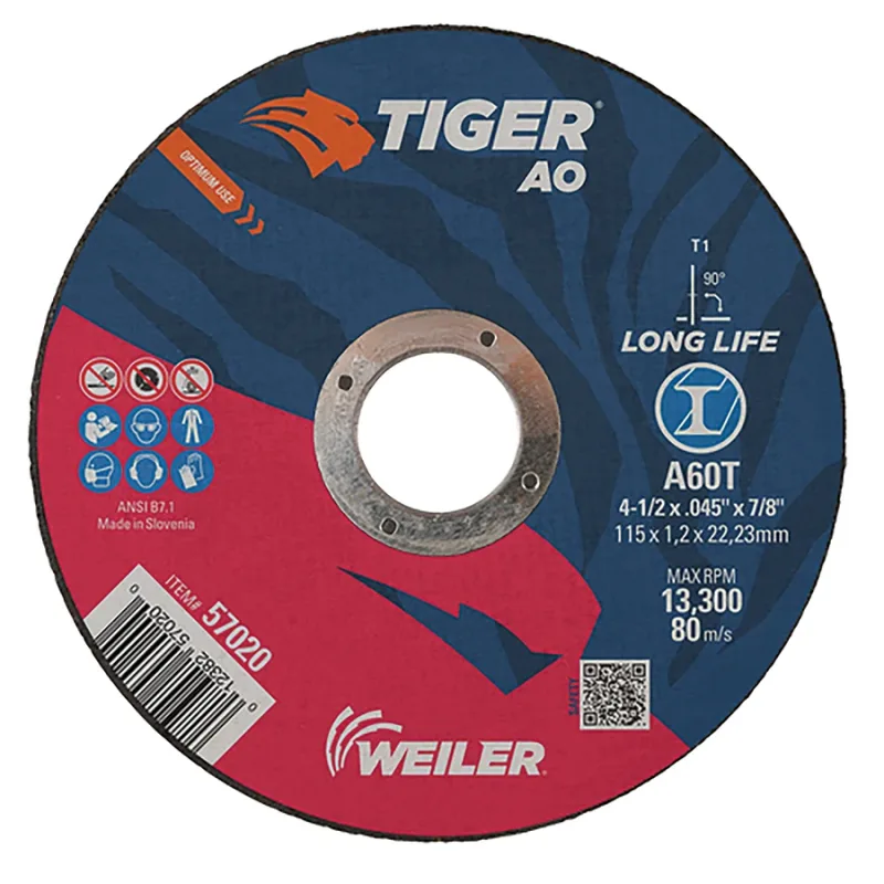 Tiger® AO Angle Grinder Cut-Off Wheel, 4-1/2 in dia x 0.045 in Thick, 7/8 in Arbor, A60T, Type 1