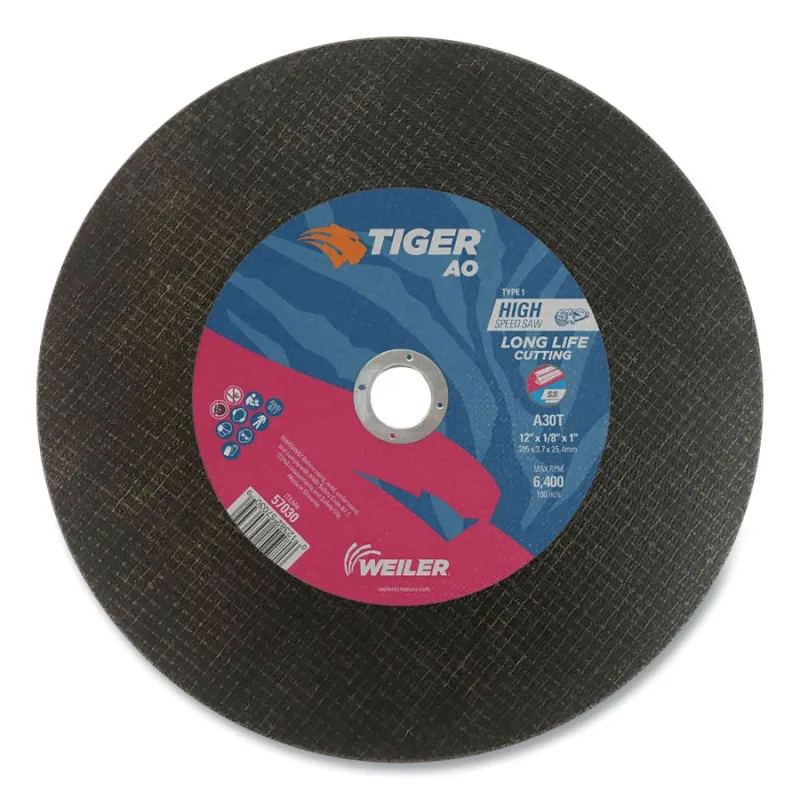 Tiger® AO Type 1 High Speed Saw Large Cutting Wheel, 12 in dia x 1/8 in, 1 in Arbor Hole, A30T