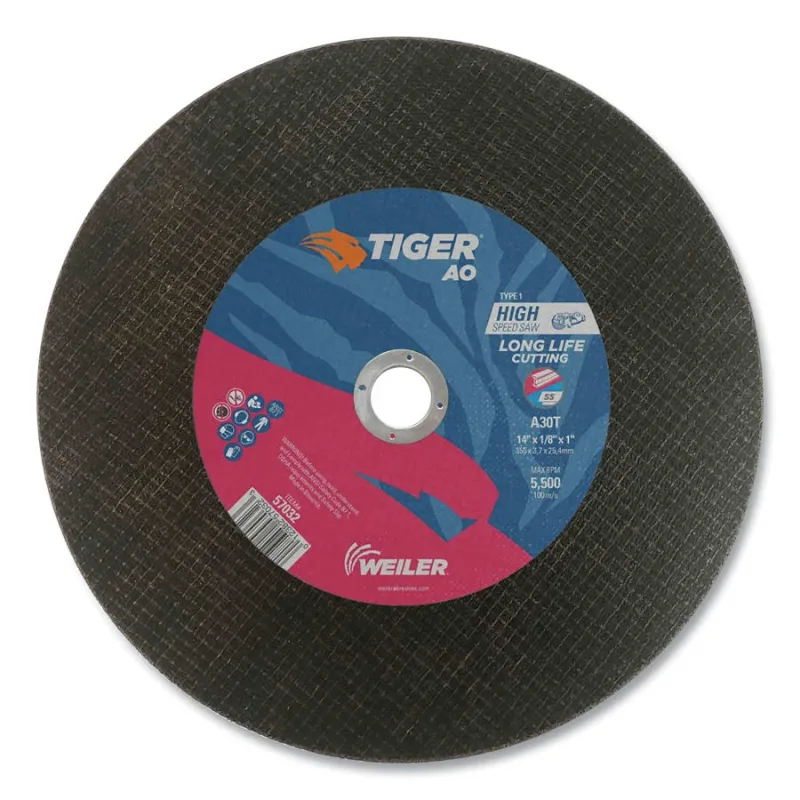 Tiger® AO Type 1 High Speed Saw Large Cutting Wheel, 14 in dia x 1/8 in, 1 in Arbor Hole, A30T