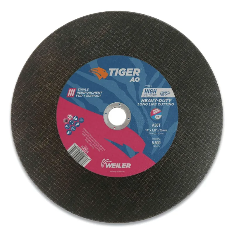 Tiger® AO Heavy Duty Type 1 High Speed Saw Large Cutting Wheel, 14 in dia x 1/8 in, 20 mm Arbor Hole, A30T