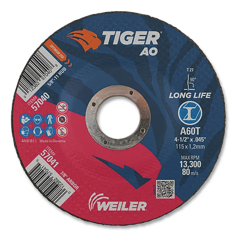 Tiger® AO Angle Grinder Cut-Off Wheel, 4-1/2 in dia x 0.045 in Thick, 7/8 in Arbor, A60T, Type 27