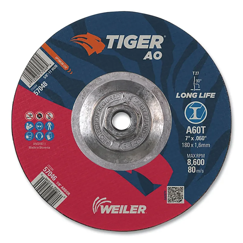 Tiger® AO Angle Grinder Cut-Off Wheel, 7 in dia x 0.060 in Thick, 5/8 in-11 UNC Arbor, A60T, Type 27