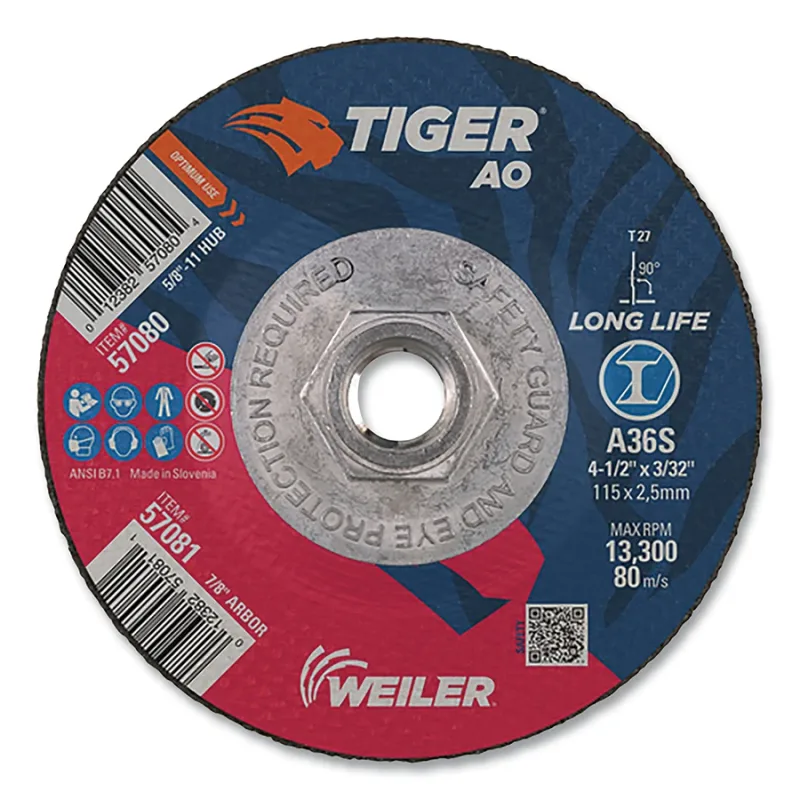 Tiger® AO Angle Grinder Cut-Off Wheel, 4-1/2 in dia x 3/32 in Thick, 5/8 in-11 UNC Arbor, A36S, Type 27