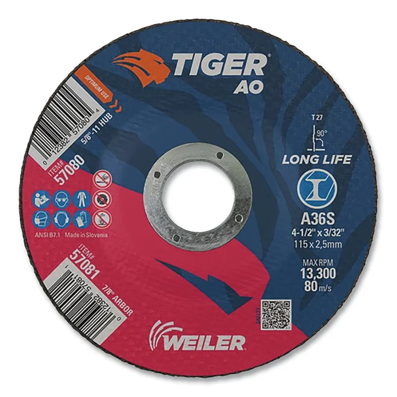 Tiger® AO Angle Grinder Cut-Off Wheel, 4-1/2 in dia x 3/32 in Thick, 7/8 in Arbor, A36S, Type 27