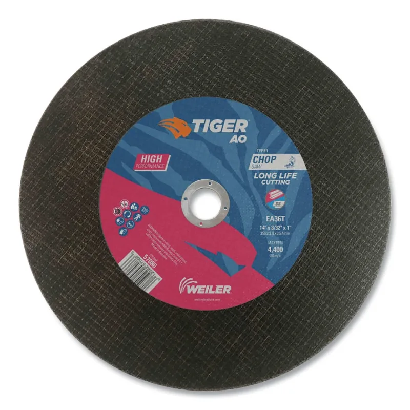 Tiger® AO Type 1 Chop Saw Large Cutting Wheel, 14 in dia x 3/32 in, 1 in Arbor Hole, EA36T