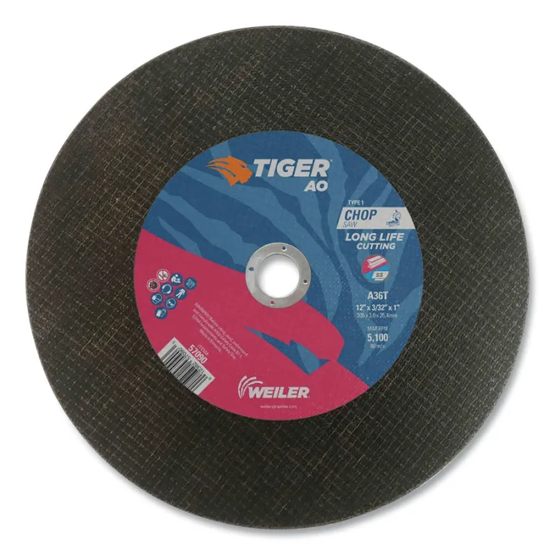 Tiger® AO Type 1 Chop Saw Large Cutting Wheel, 12 in dia x 3/32 in, 1 in Arbor Hole, A46T