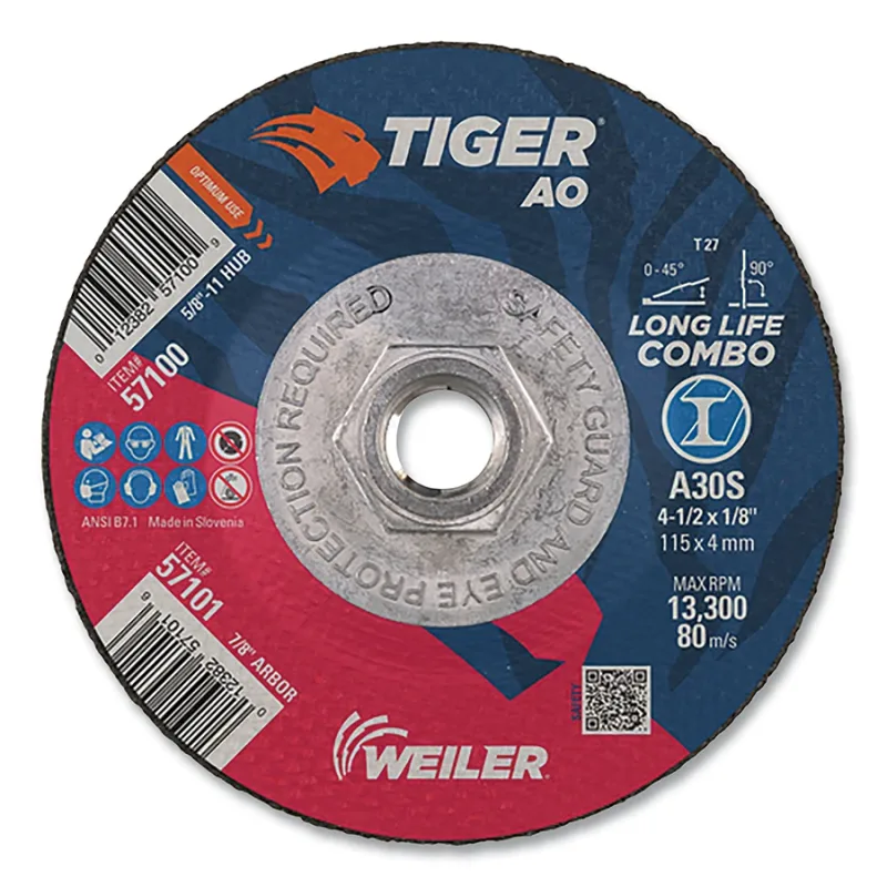 Tiger® AO Type 27 Cut/Grind Combo Wheel, 4-1/2 in dia x 1/8 in Thick, 5/8 in-11 dia Arbor, A30S