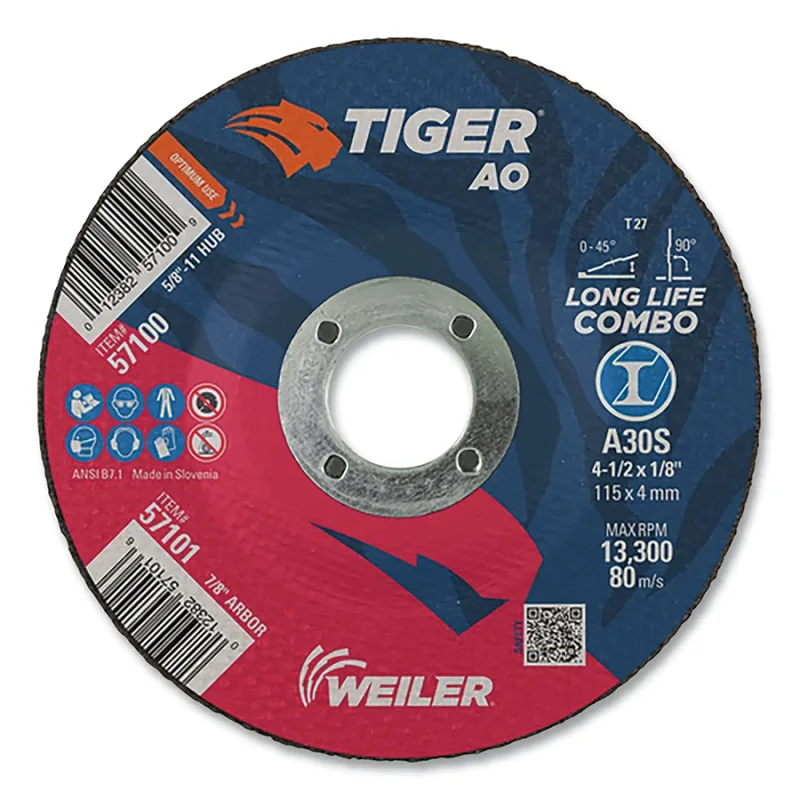Tiger® AO Type 27 Cut/Grind Combo Wheel, 4-1/2 in dia x 1/8 in Thick, 7/8 in dia Arbor, A30S