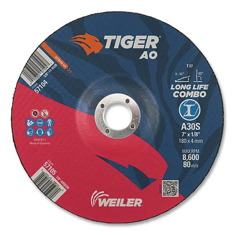 Tiger® AO Type 27 Cut/Grind Combo Wheel, 5 in dia, 1/8 in thick, 5/8 in -11 dia arbor, Grit 30, Aluminum Oxide