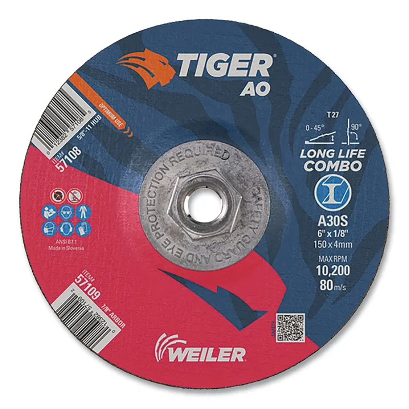 Tiger® AO Type 27 Cut/Grind Combo Wheel, 6 in dia x 1/8 in Thick, 5/8 in-11 dia Arbor, A30S