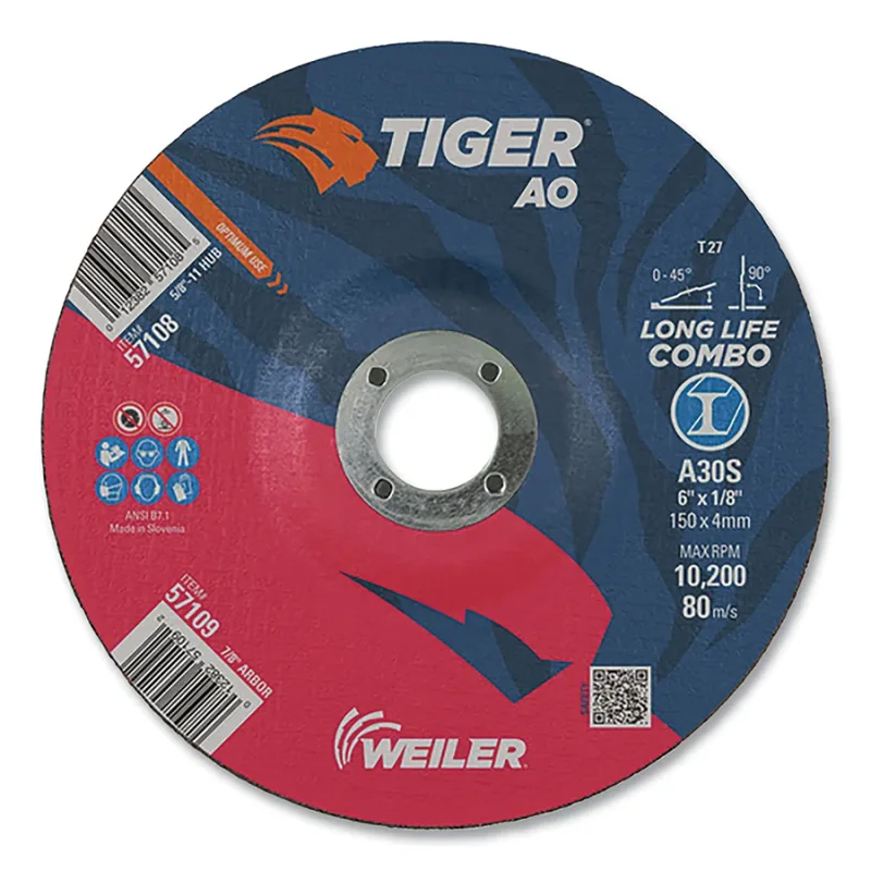 Tiger® AO Type 27 Cut/Grind Combo Wheel, 6 in dia x 1/8 in Thick, 7/8 in dia Arbor, A30S