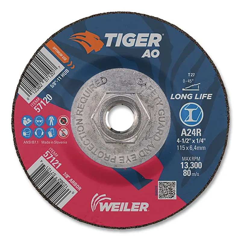 Tiger® AO Grinding Wheel, 4-1/2 in dia x 1/4 in Thick, 5/8 in-11 UNC Arbor, A24R, Type 27