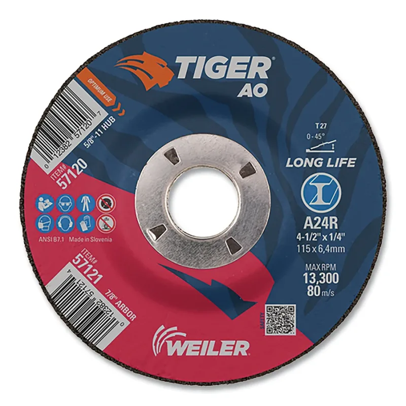 Tiger® AO Grinding Wheel, 4-1/2 in dia x 1/4 in Thick, 7/8 in Arbor, A24R, Type 27
