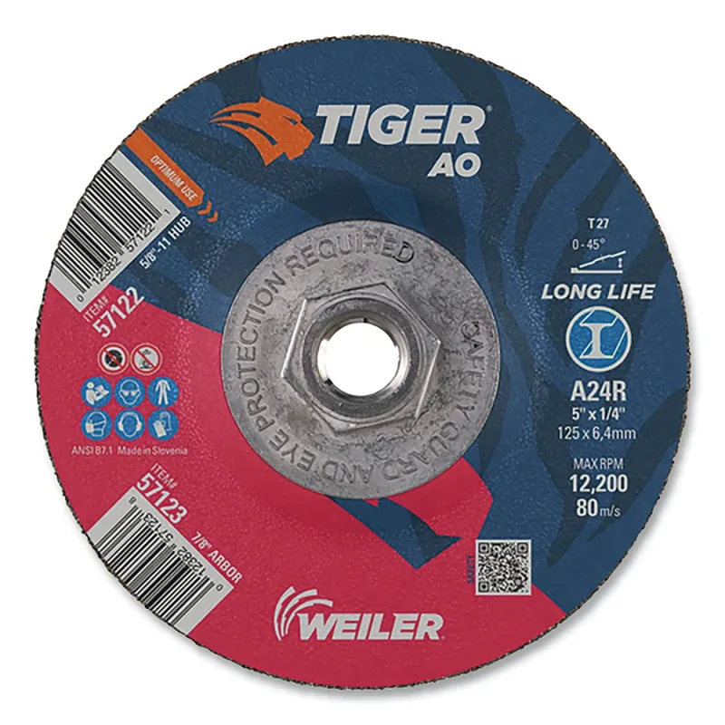 Tiger® AO Grinding Wheel, 5 in dia x 1/4 in Thick, 5/8 in-11 UNC Arbor, A24R, Type 27