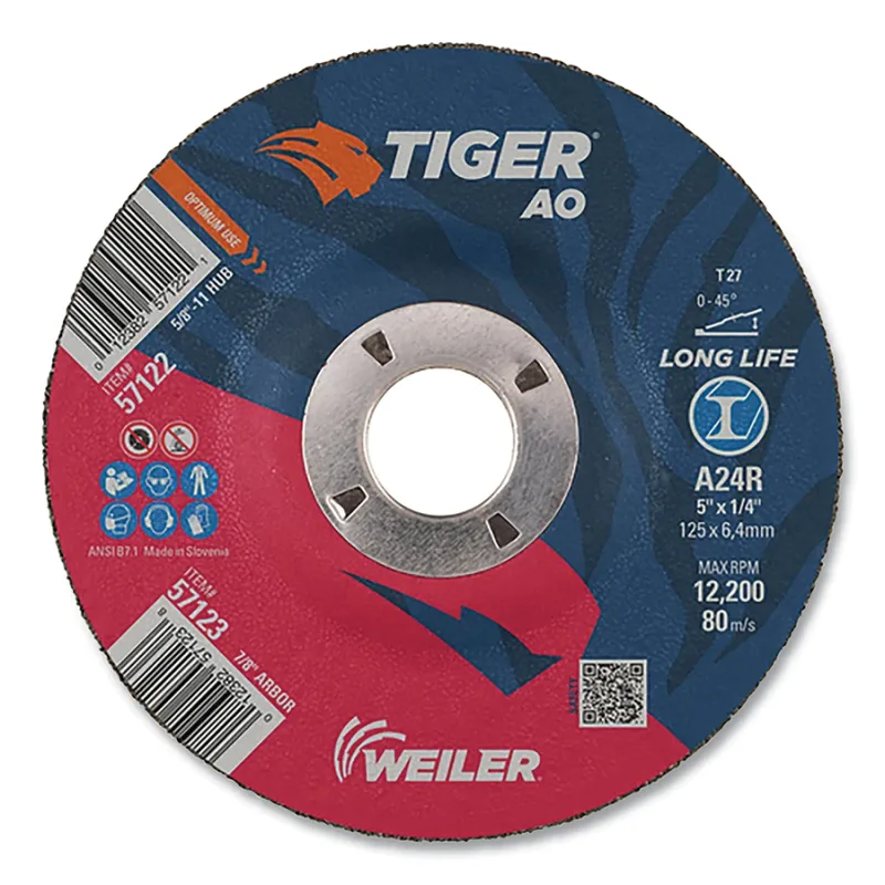 Tiger® AO Grinding Wheel, 5 in dia x 1/4 in Thick, 7/8 in Arbor, A24R, Type 27