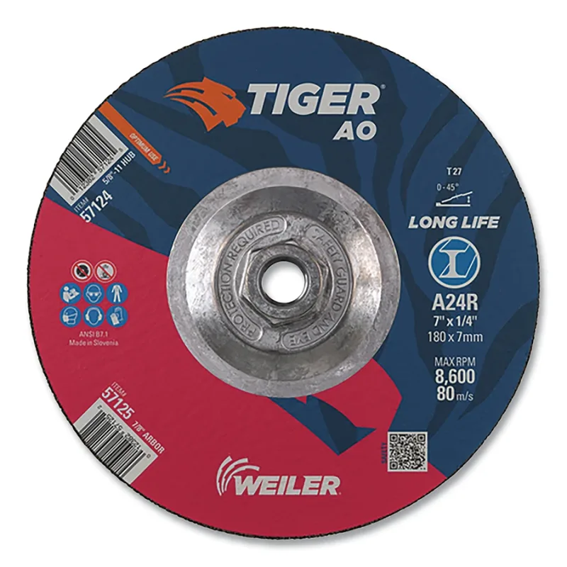 Tiger® AO Grinding Wheel, 7 in dia x 1/4 in Thick, 5/8 in-11 UNC Arbor, A24R, Type 27