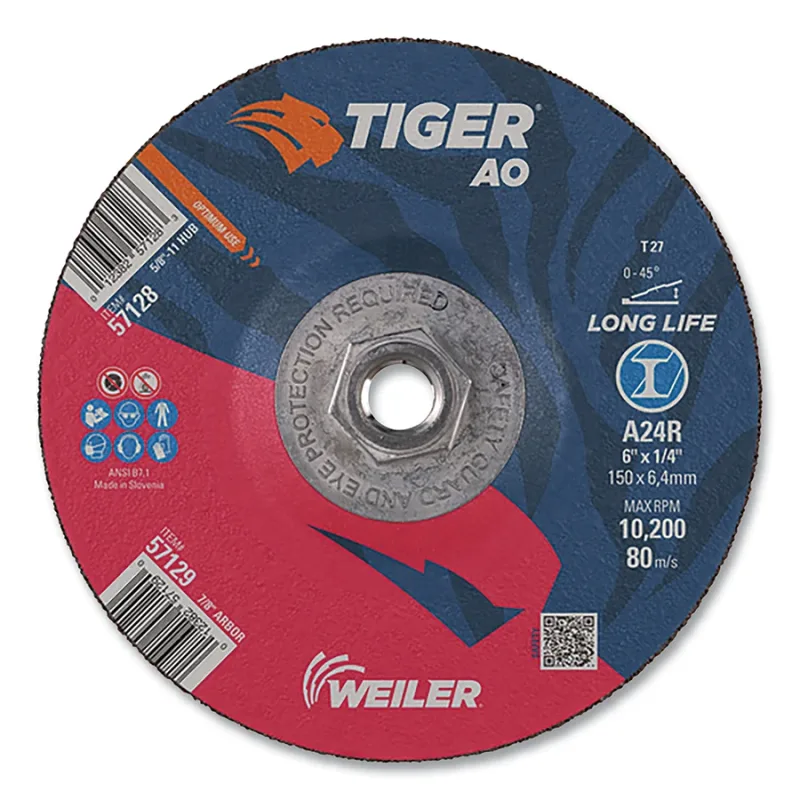 Tiger® AO Grinding Wheel, 6 in dia x 1/4 in Thick, 5/8 in-11 UNC Arbor, A24R, Type 27