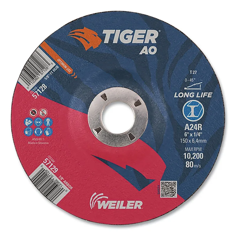 Tiger® AO Grinding Wheel, 6 in dia x 1/4 in Thick, 7/8 in Arbor, A24R, Type 27