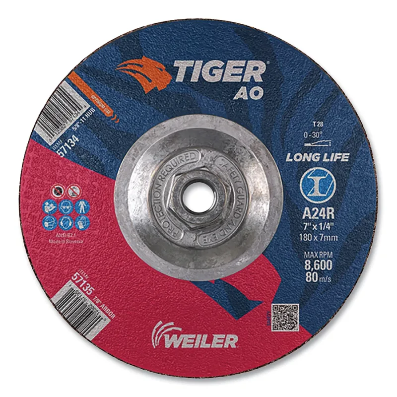 Tiger® AO Grinding Wheel, 7 in dia x 1/4 in Thick, 5/8 in-11 UNC Arbor, A24R, Type 28