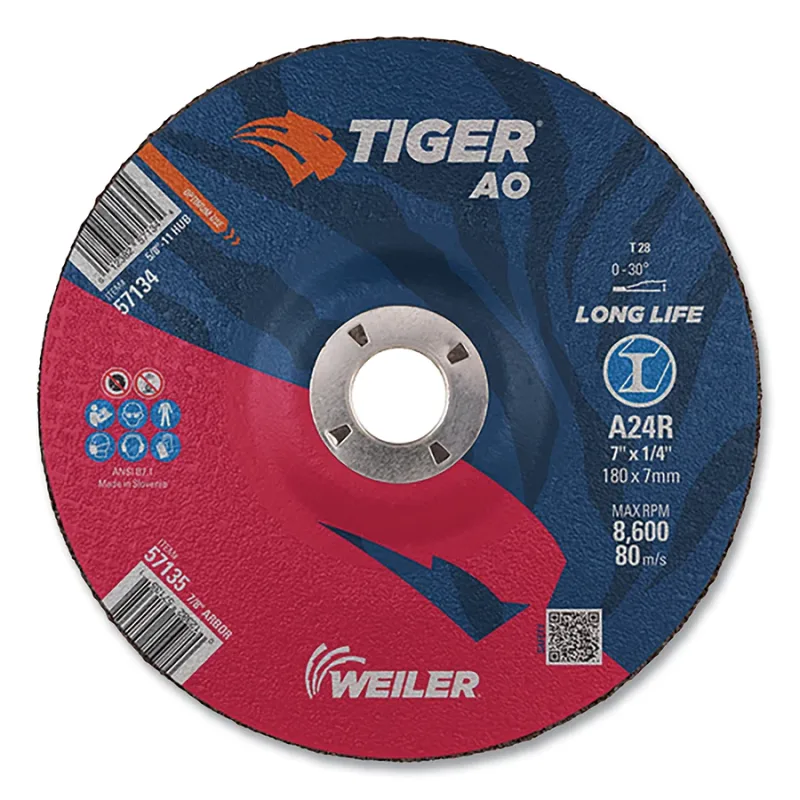 Tiger® AO Grinding Wheel, 7 in dia x 1/4 in Thick, 7/8 in Arbor, A24R, Type 28