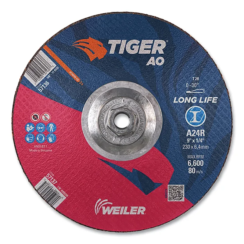 Tiger® AO Grinding Wheel, 9 in dia x 1/4 in Thick, 5/8 in-11 UNC Arbor, A24R, Type 28