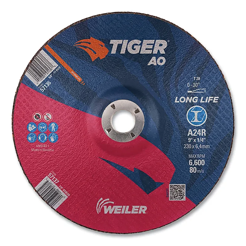 Tiger® AO Grinding Wheel, 9 in dia x 1/4 in Thick, 7/8 in Arbor, A24R, Type 28