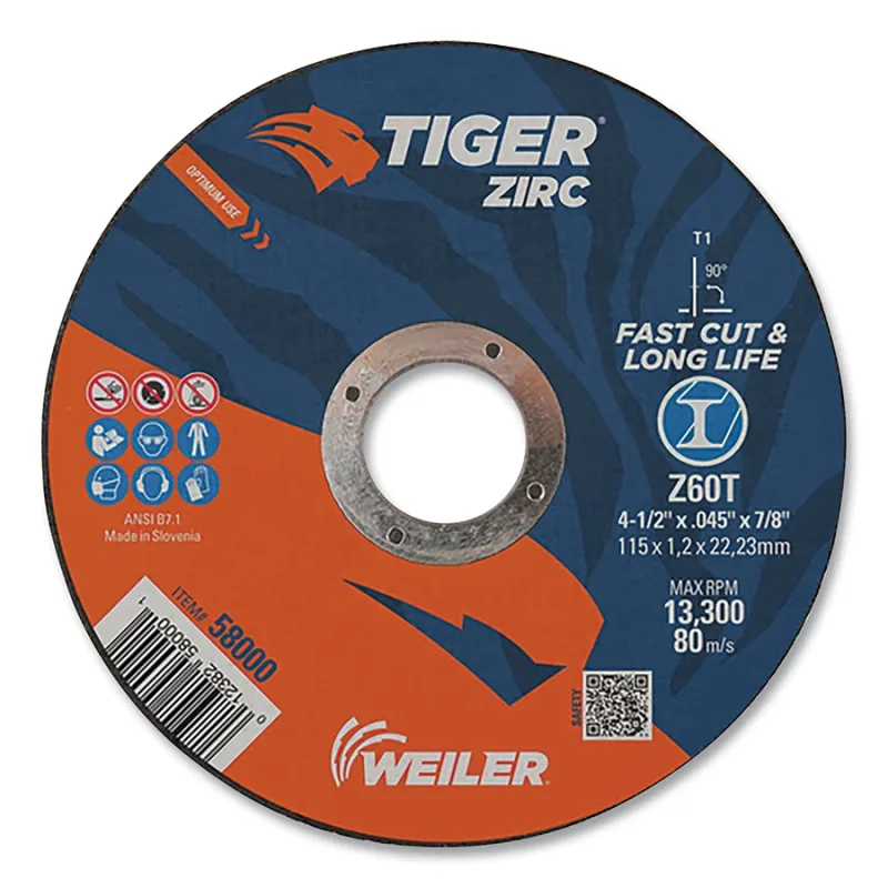 Tiger® Zirc Cutting Wheel, 4-1/2 in dia, 0.045 in Thick, 7/8 in Arbor, Zirconia Alumina, Type 1, Z60T