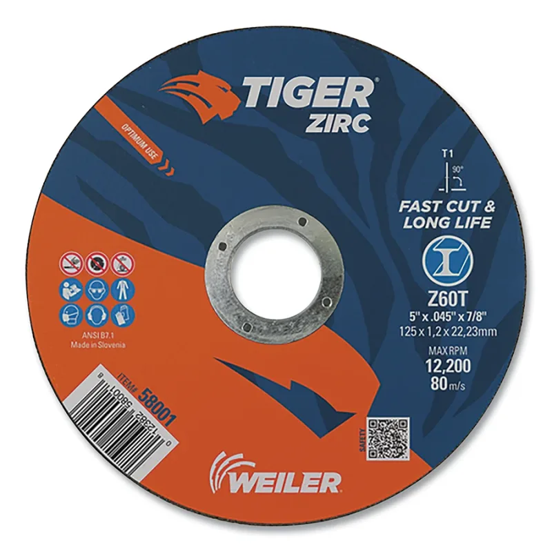 Tiger® Zirc Cutting Wheel, 5 in dia, 0.045 in Thick, 7/8 in Arbor, Zirconia Alumina, Type 1, Z60T