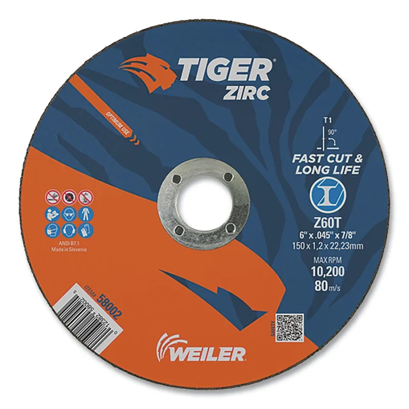Tiger® Zirc Cutting Wheel, 6 in dia, 0.045 in Thick, 7/8 in Arbor, Zirconia Alumina, Type 1, Z60T
