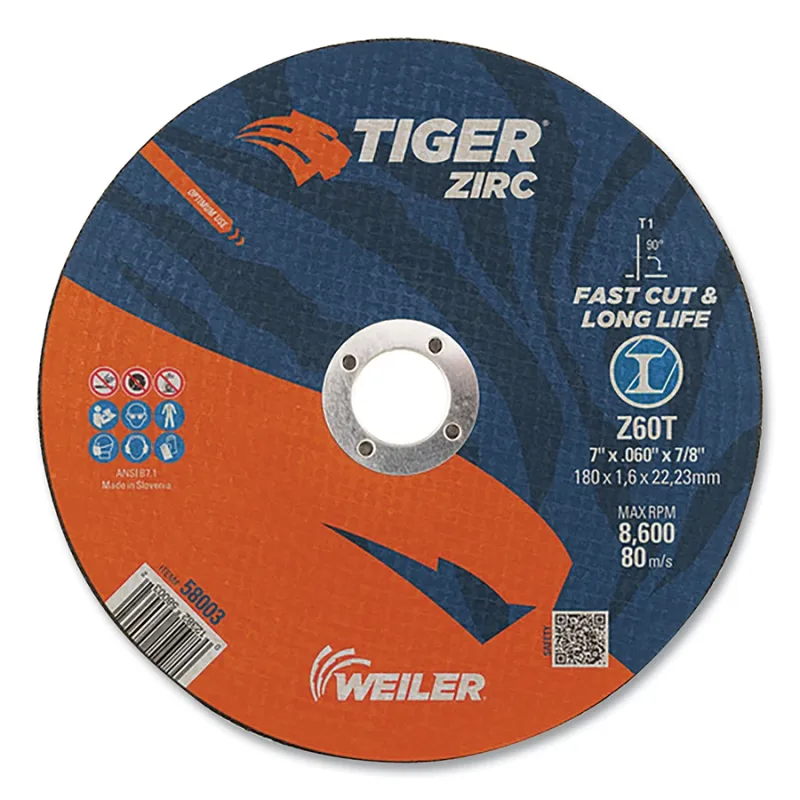 Tiger® Zirc Cutting Wheel, 7 in dia, 0.060 in Thick, 7/8 in Arbor, Zirconia Alumina, Type 1, Z60T
