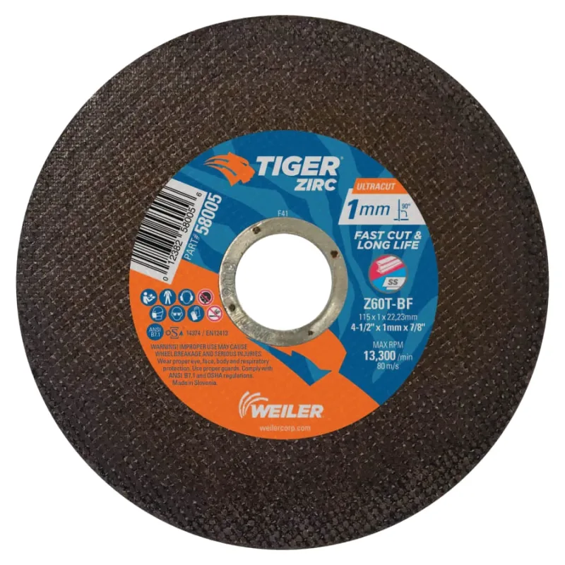 Tiger® Zirc Cutting Wheel, 4.5 in, 7/8 in Arbor, 60, 13300 RPM, 50PK