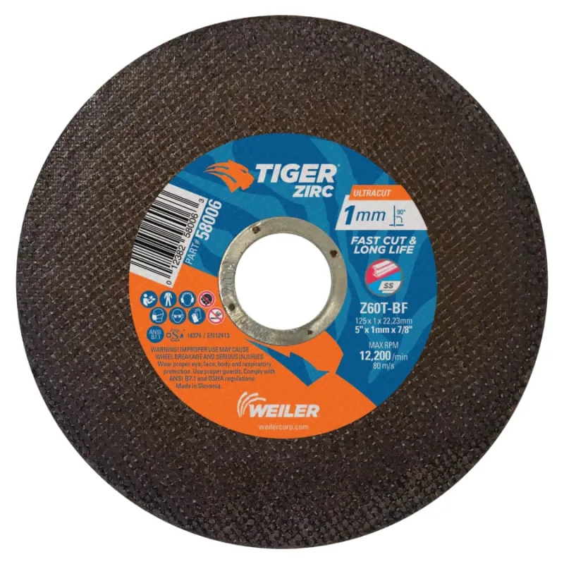 Tiger® Zirc Cutting Wheel, 5 in dia, 1 mm Thick, 7/8 in Arbor, 60 Grit